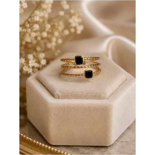 18k Gold Plated, Waterproof Tarnish Free Triple Band Ring w Black Square Stones