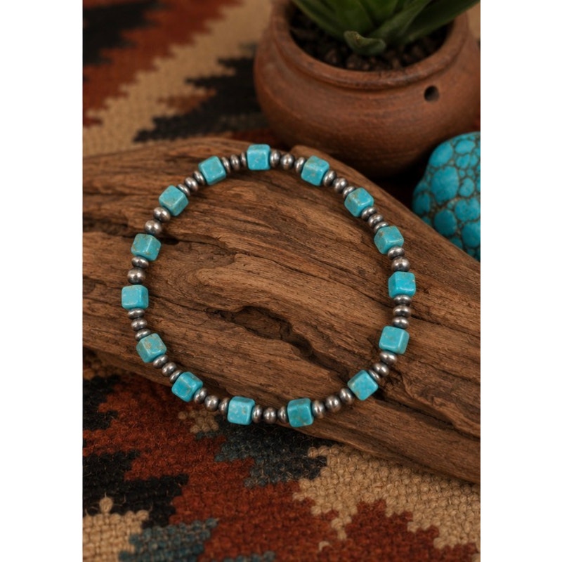 Turquoise & Sterling Silver Pearl Bead Bracelet | 6" Southwestern Style