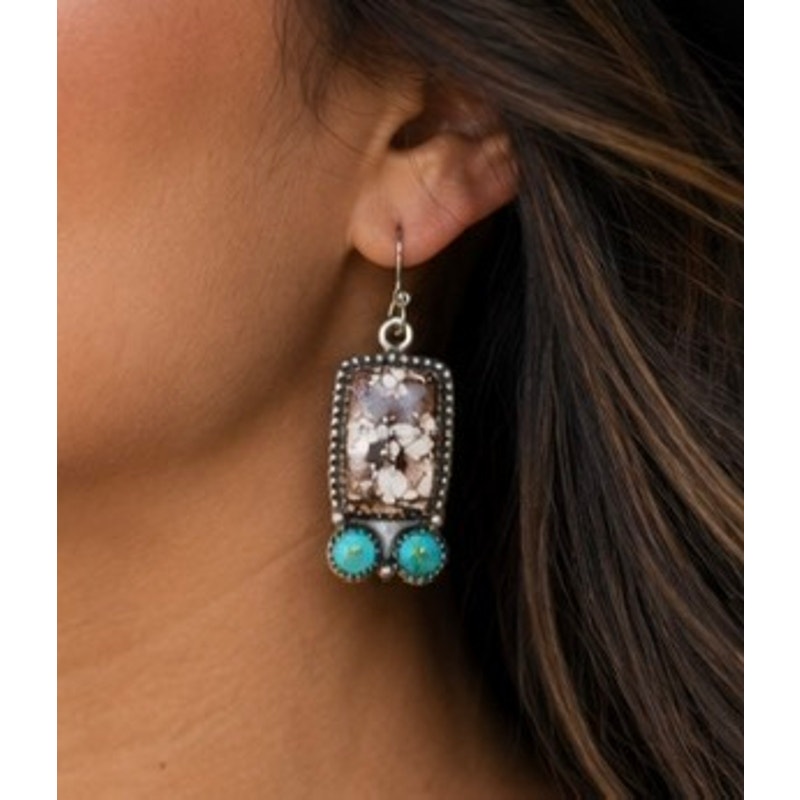 White Horse & Turquoise Dangle Earrings Southwestern Style