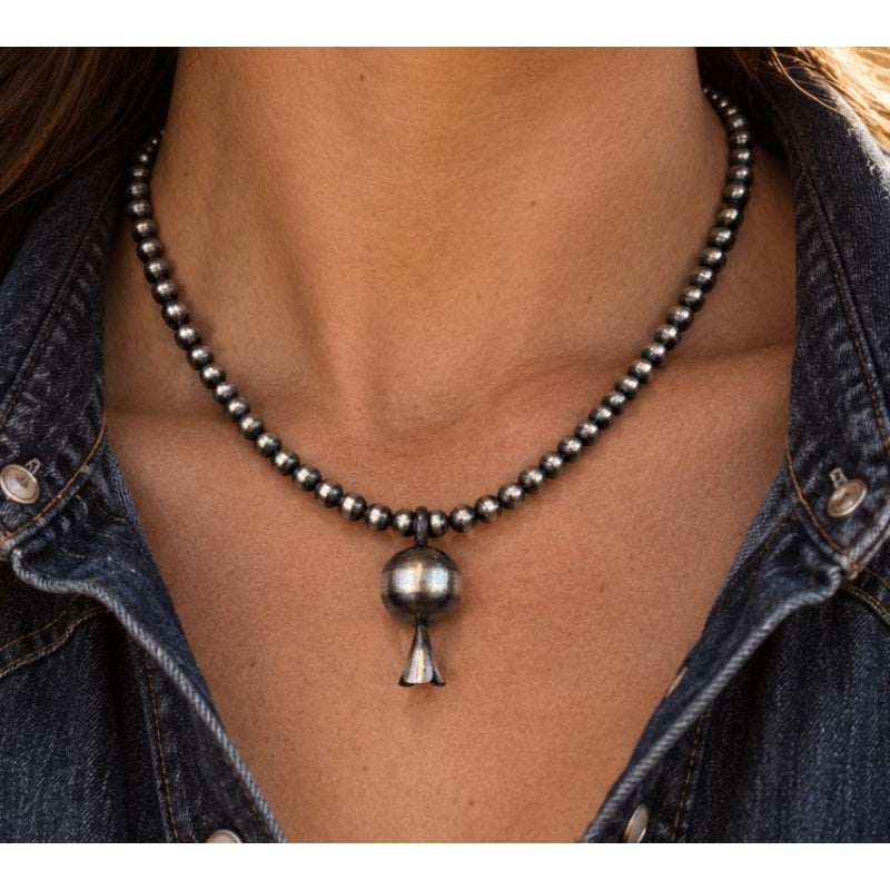 Sterling Silver Squash Blossom Pendant on Pearl Bead Necklace | 16" Southwestern