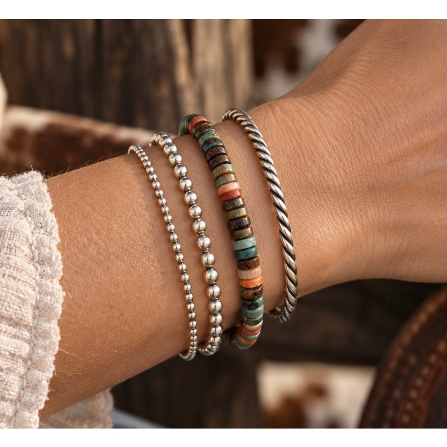 7" Spiny Oyster & Turquoise Heishi Sterling Silver Bracelet