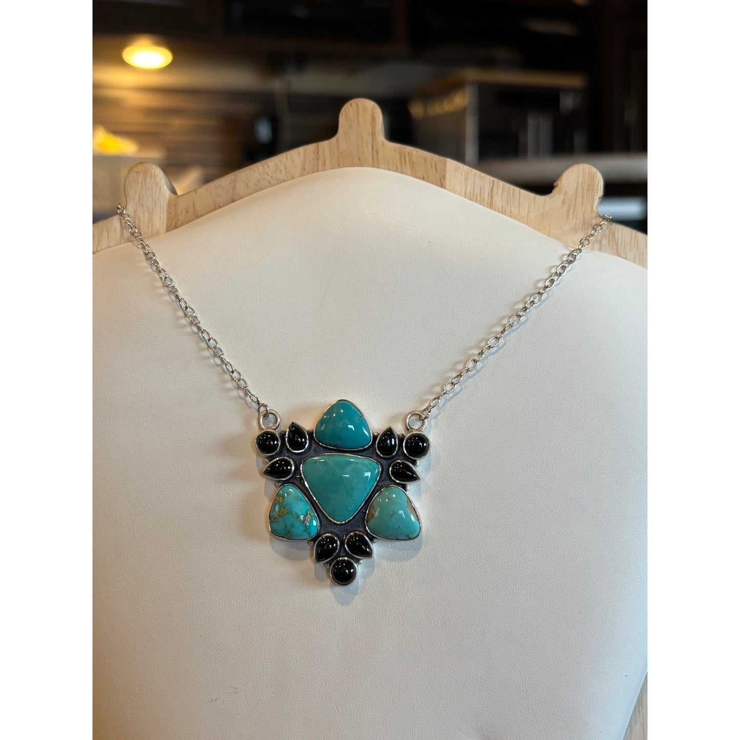 Kingman Turquoise Black Onyx Necklace 925 necklace 21"