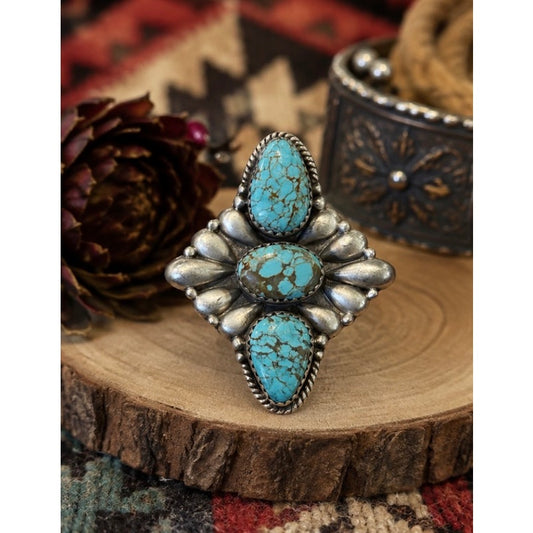 Number 8 Turquoise Three Stone Crawler Ring Sterling Silver