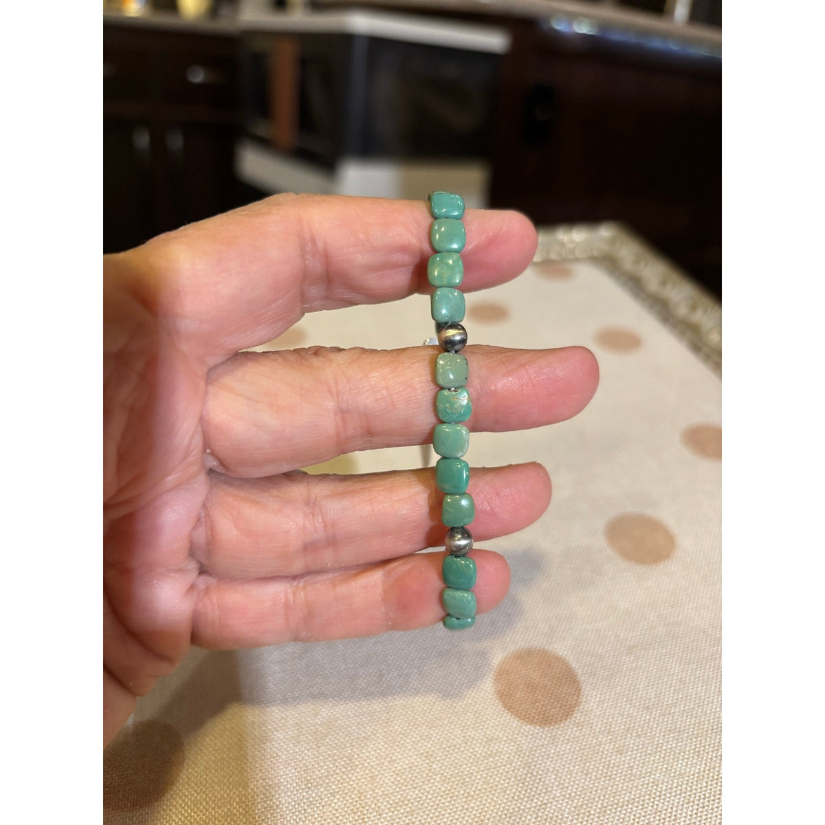 Turquoise Square Bead & Silver Pearl Stretch Bracelet – 6–7"