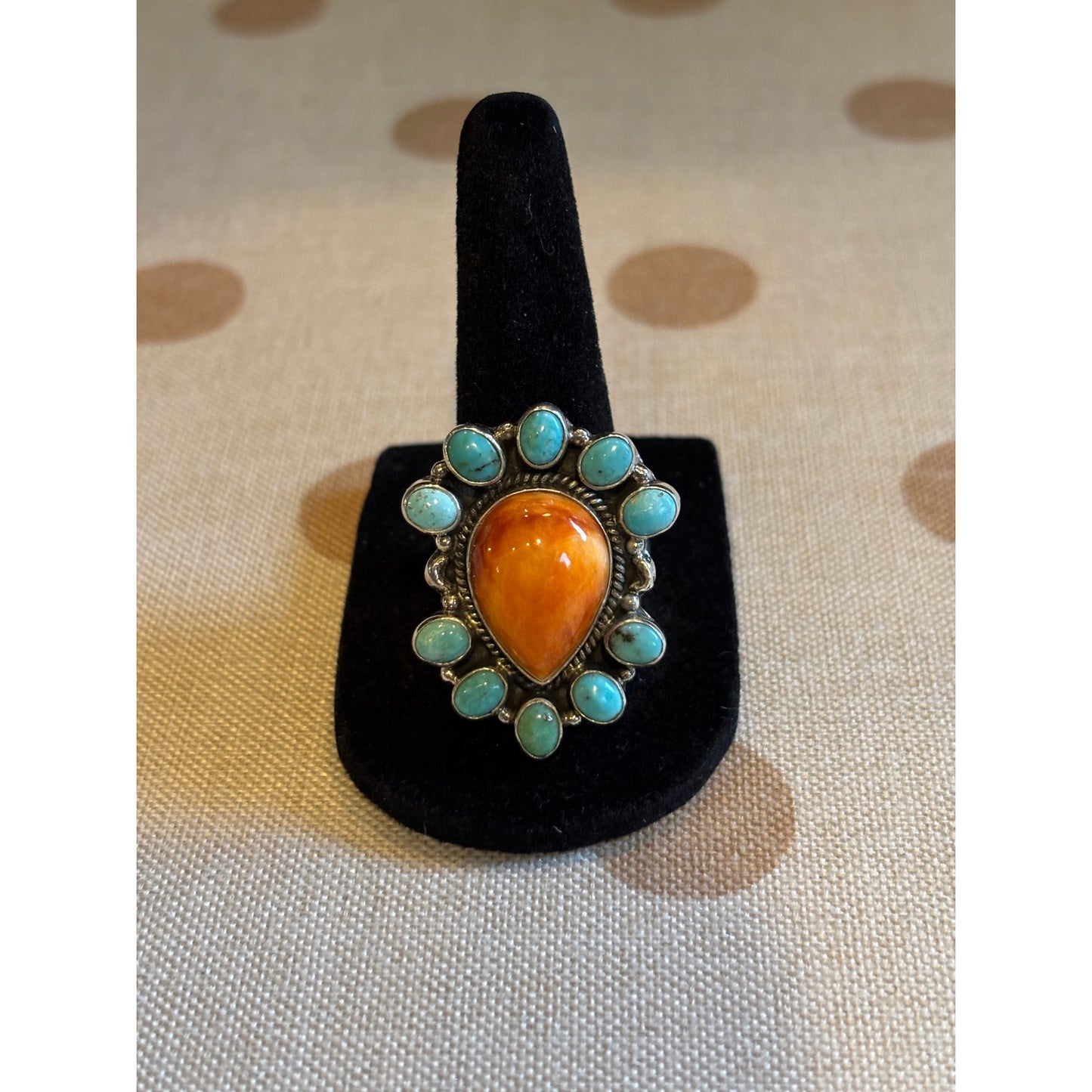 Kingman Turquoise With Large Orange Spiny Teardrop Set In Sterling Silver
