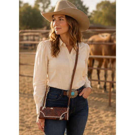 Leather Tooled Cowhide Crossbody Purse/ Wallet