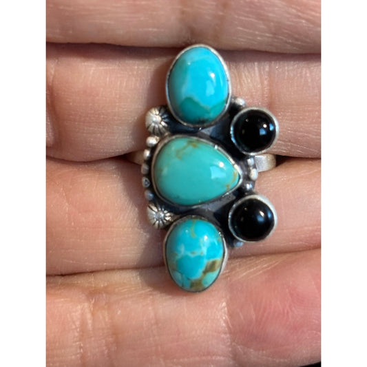 Heavy Sterling Silver Turquoise & Black Onyx Statement Ring Adjustable Size 7-9