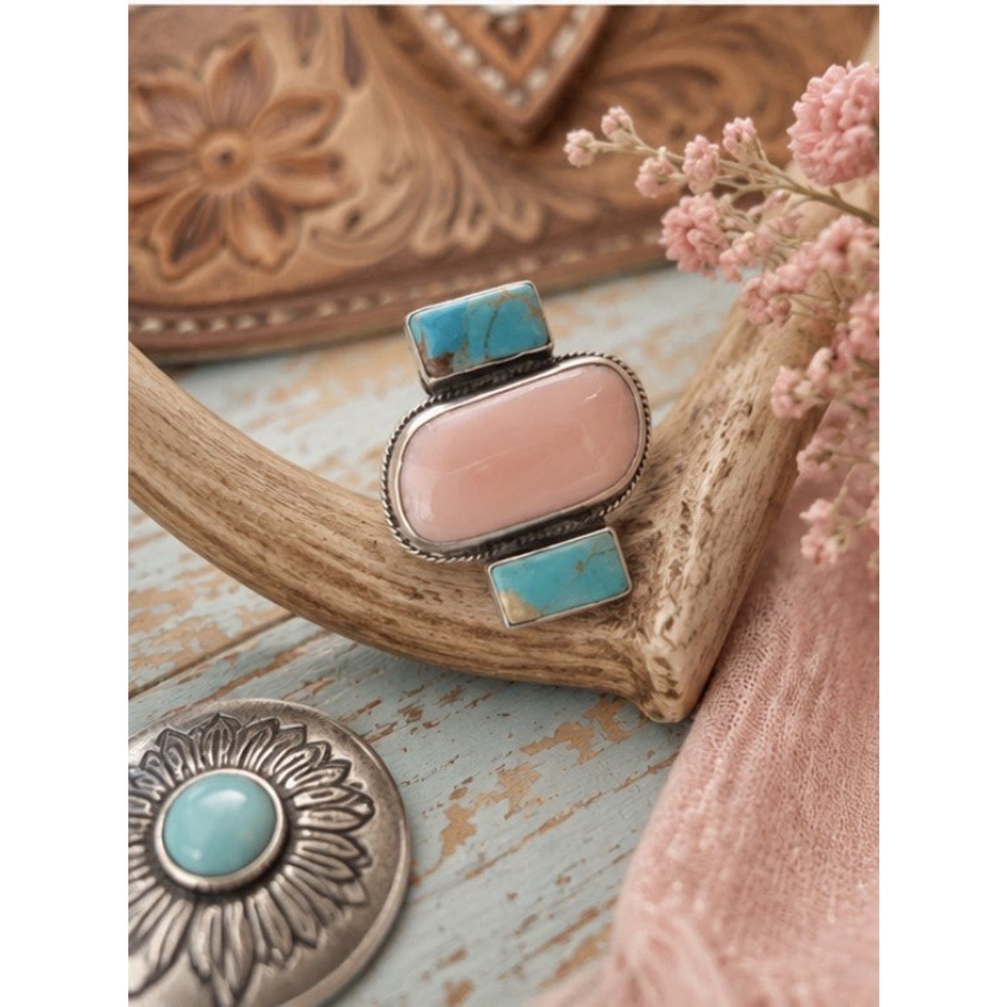 Turquoise & Large Pink Conch Stone Set In Sterling Silver