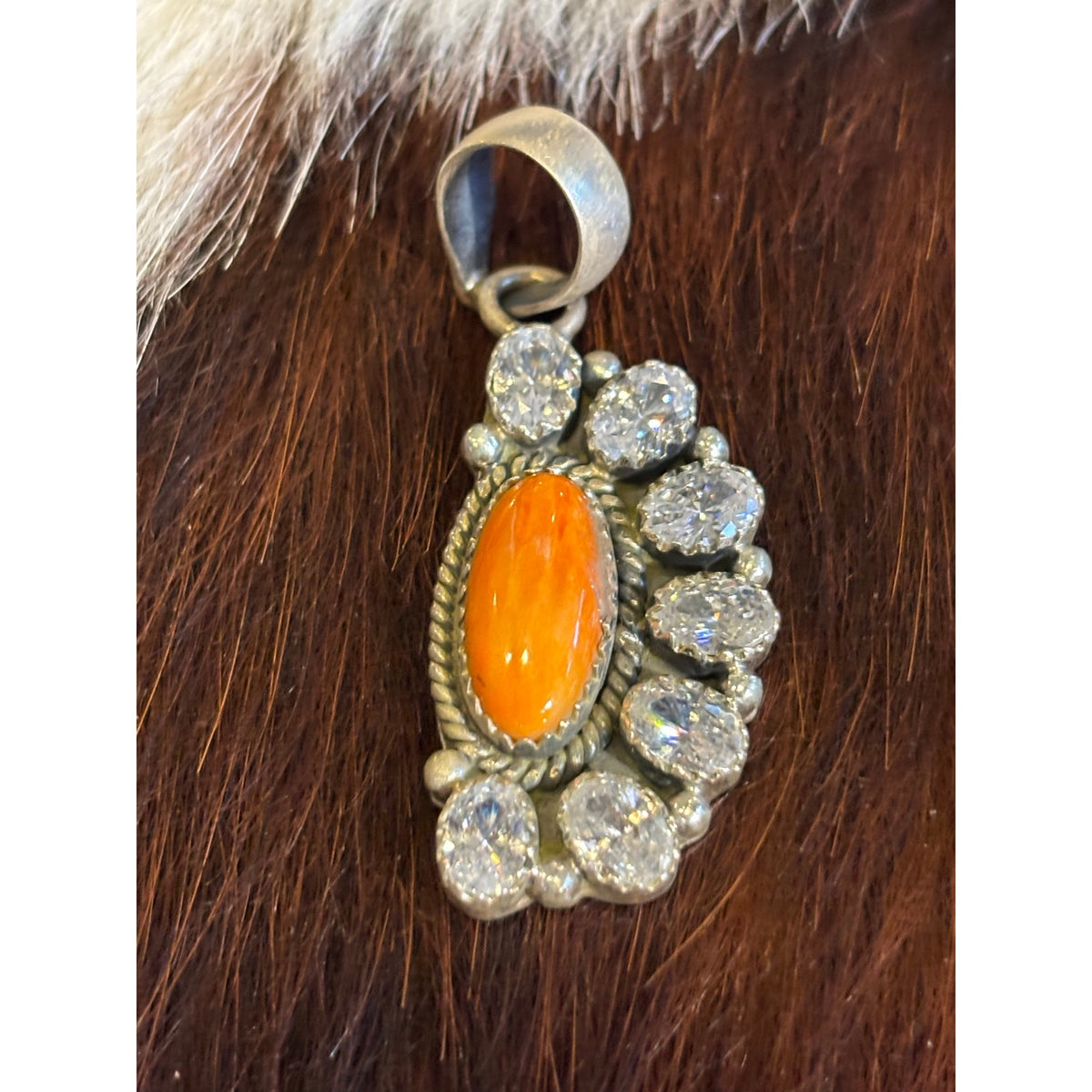 Orange Spiny Oyster & Cubic Zirconia Pendant Sterling Silver