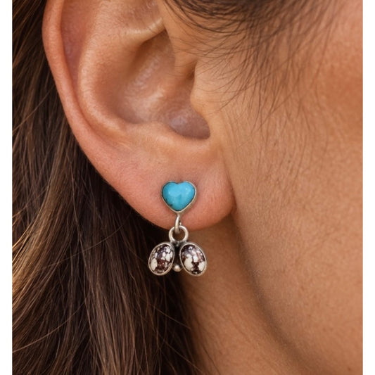 Kingman Turquoise Heart & White Horse Drop Earrings in Sterling Silver
