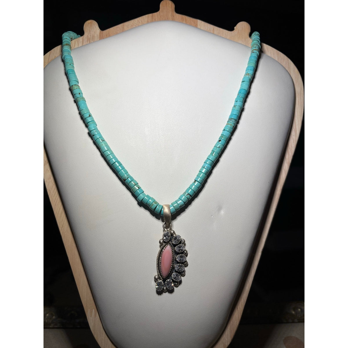 16" Turquoise Heishi Necklace-Pink Conch CZ Sterling Pendant