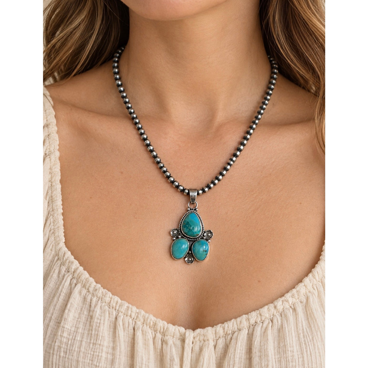 Kingman Turquoise Sterling Silver Pendant with 4mm 16" Desert Pearl Bead Chain Necklace