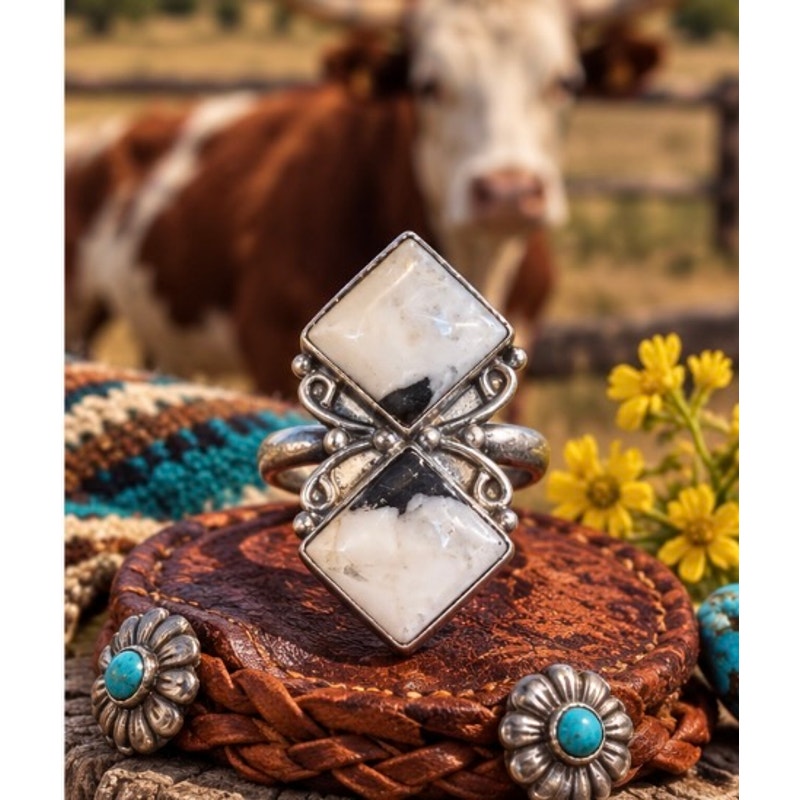 White Buffalo Two-Stone Runner Ring – Sterling Silver Western Adjustable Ring