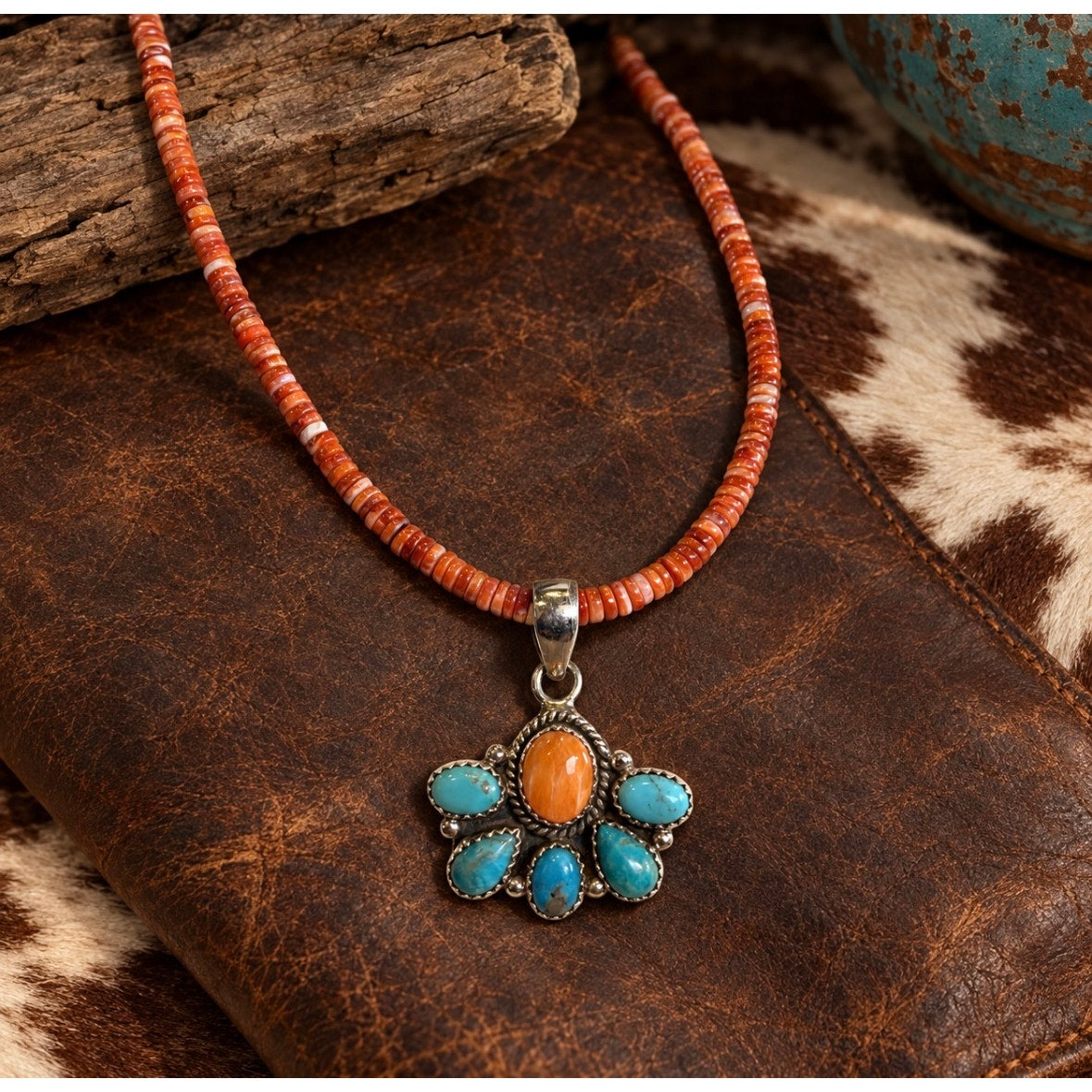 Mojave Turquoise & Orange Spiny Oyster Cluster Pendant Necklace | 16" Sterling Silver