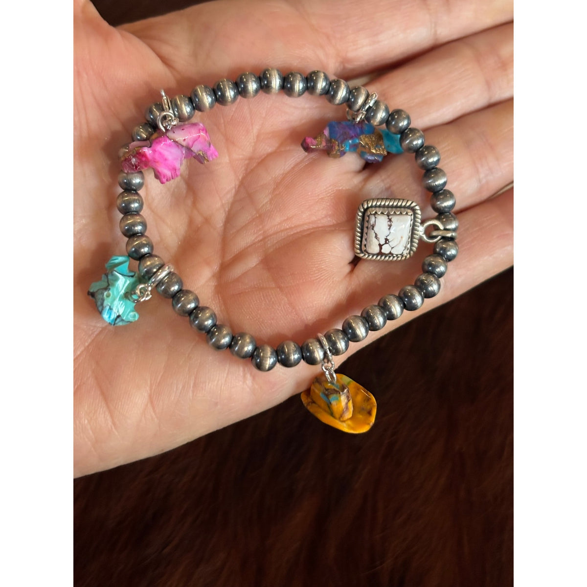 Sterling Silver Pearl Bead Bracelet with Hand-Carved Turquoise Charms – 5mm, 7 Inch