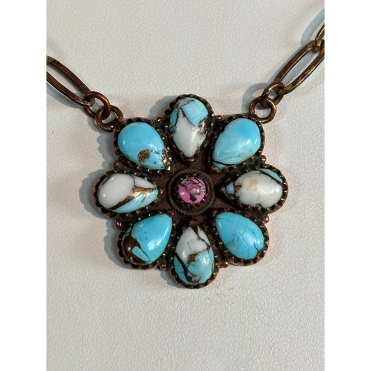 Cotton Candy Turquoise Cluster necklace set in Copper 18"