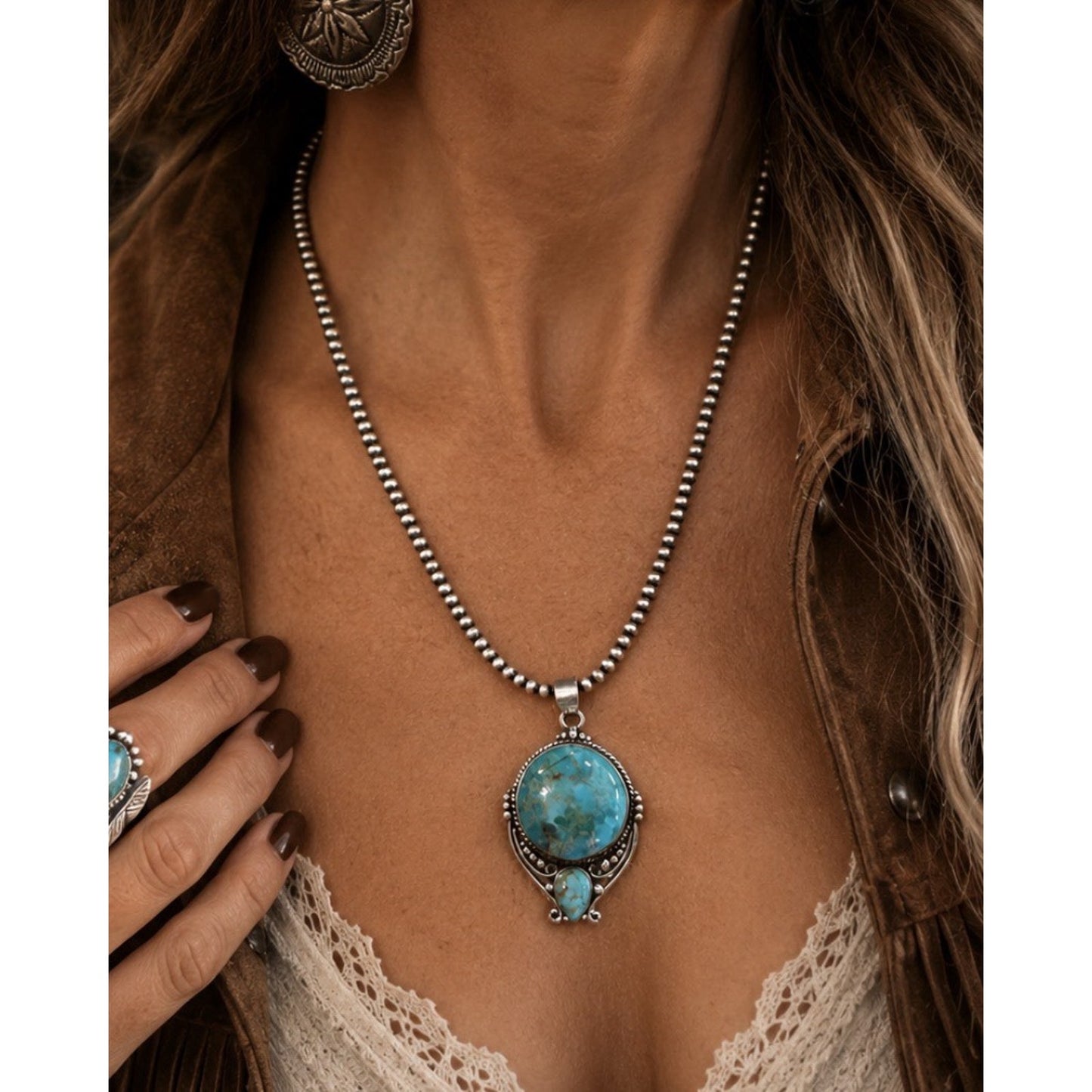 Kingman Turquoise Two Stone Necklace On Sterling Silver Beaded 16” 3mm Chain