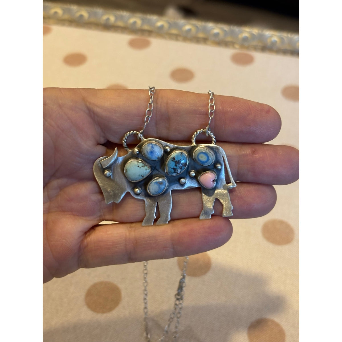 Turquoise Multi Stone Large Buffalo in Sterling Silver with 22" Chain