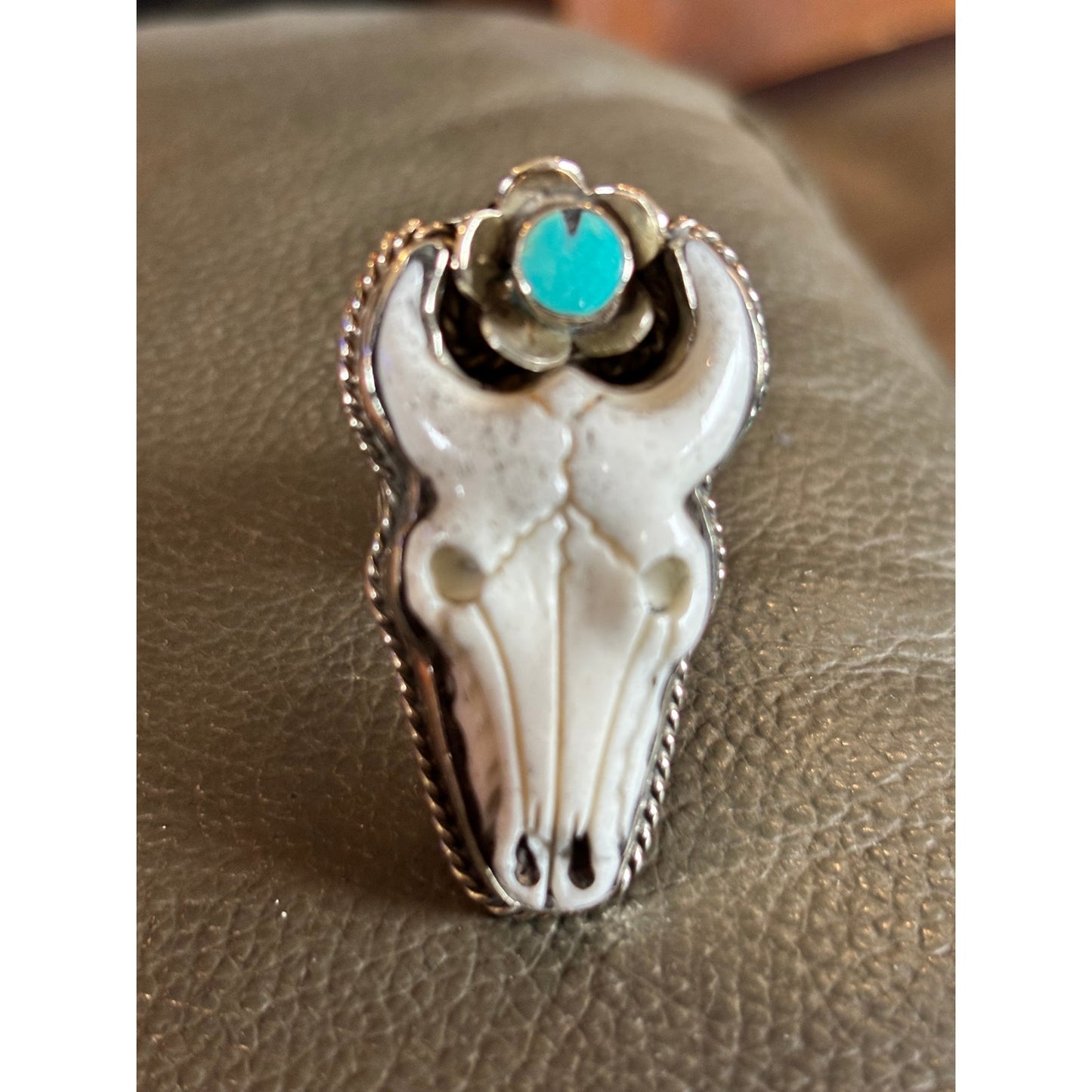 Large Steer Head Statement Ring. White stone with Turquoise Accent