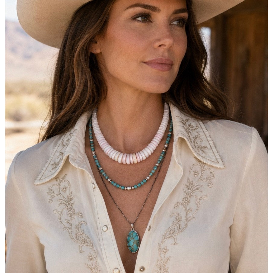 Pink Conch Shell Graduated Disc Bead Necklace | Western Statement Necklace 16"