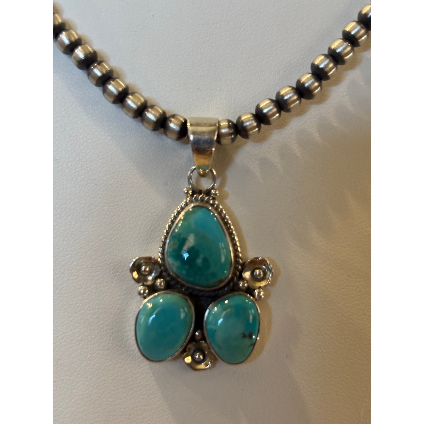 Kingman Turquoise Sterling Silver Pendant-16" Pearl Necklace