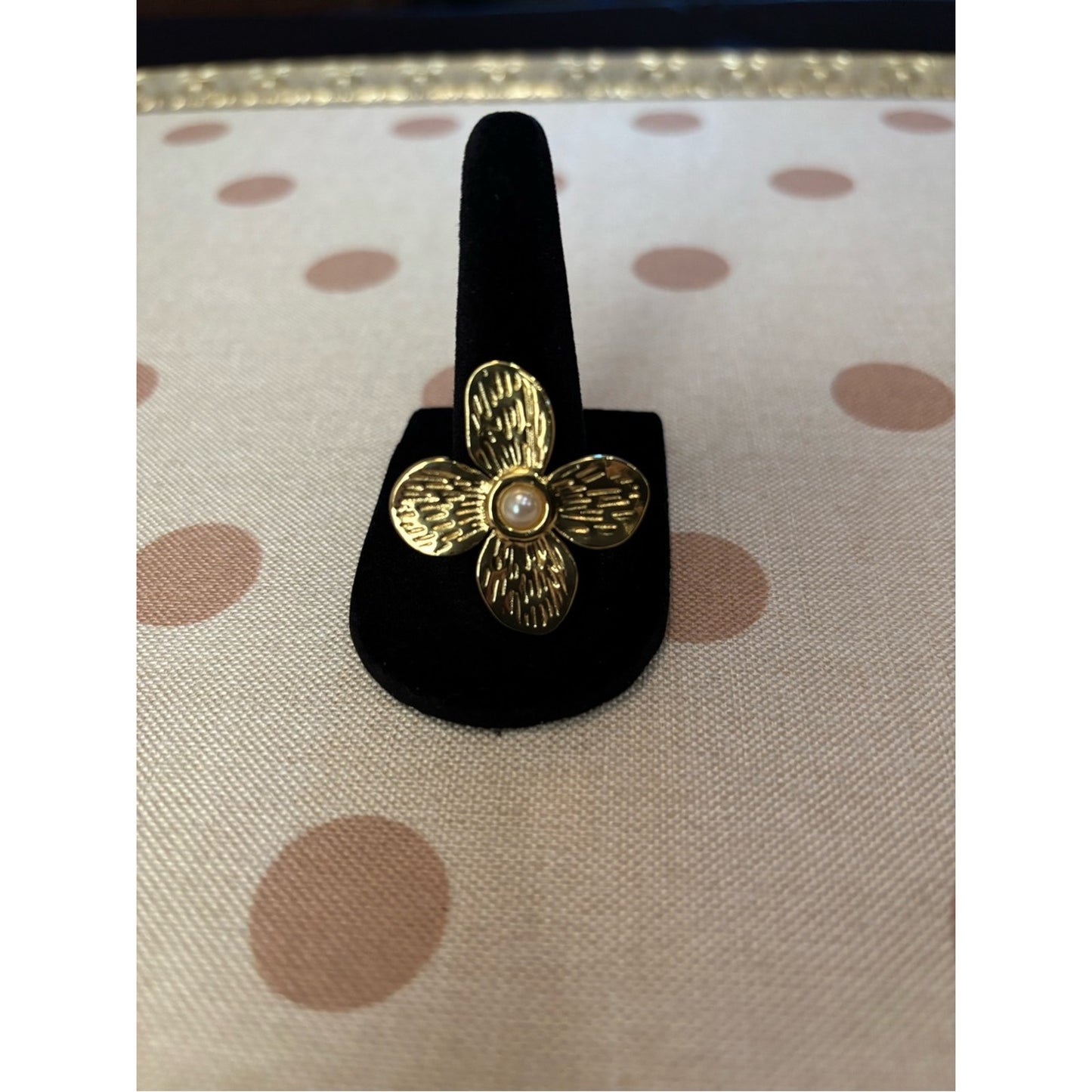 Gold 18 Carat Gold Plated tarnish and water proof Flower Ring with pearl accent.