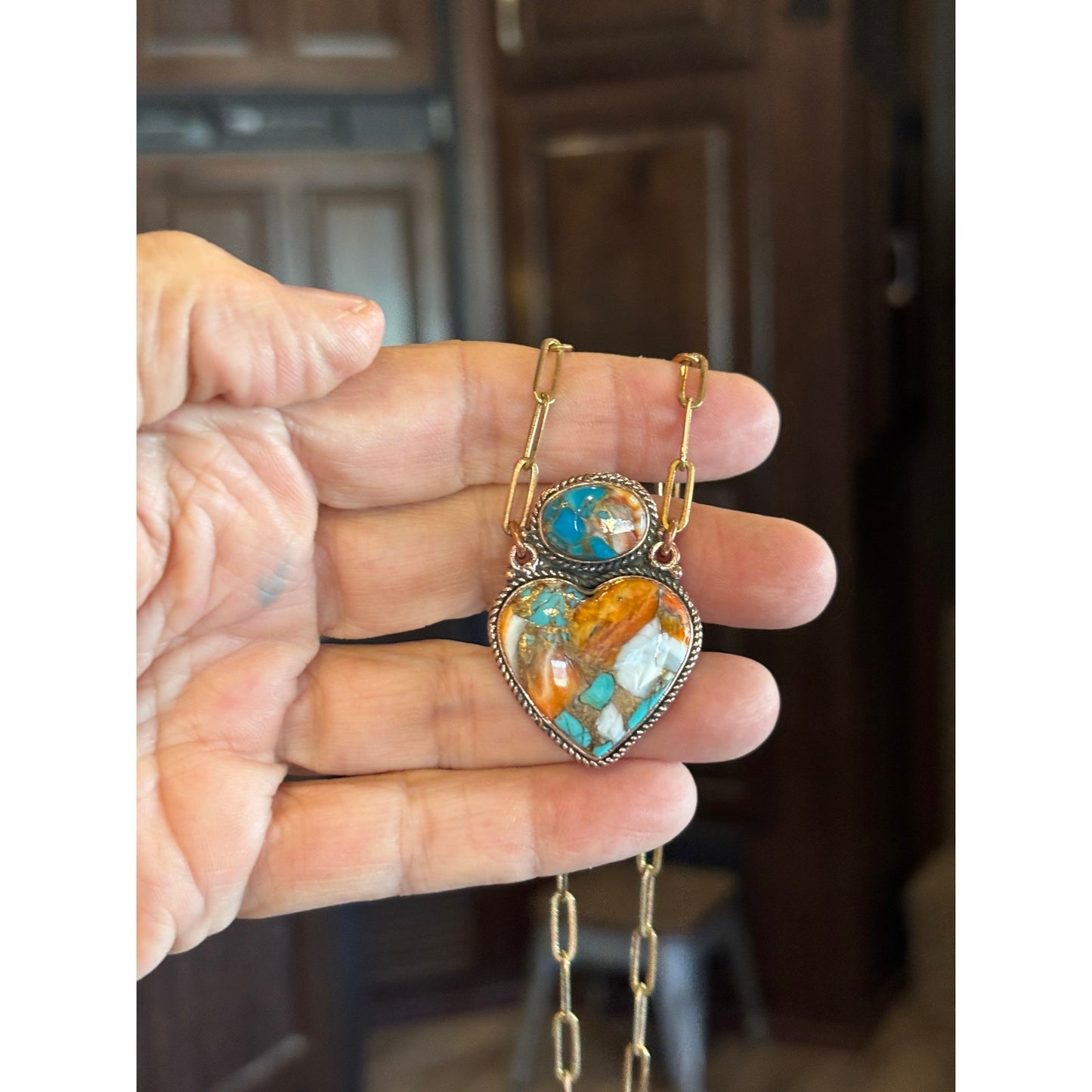 Mohave Turquoise & Spiny Oyster in Copper w Paper Clip Chain