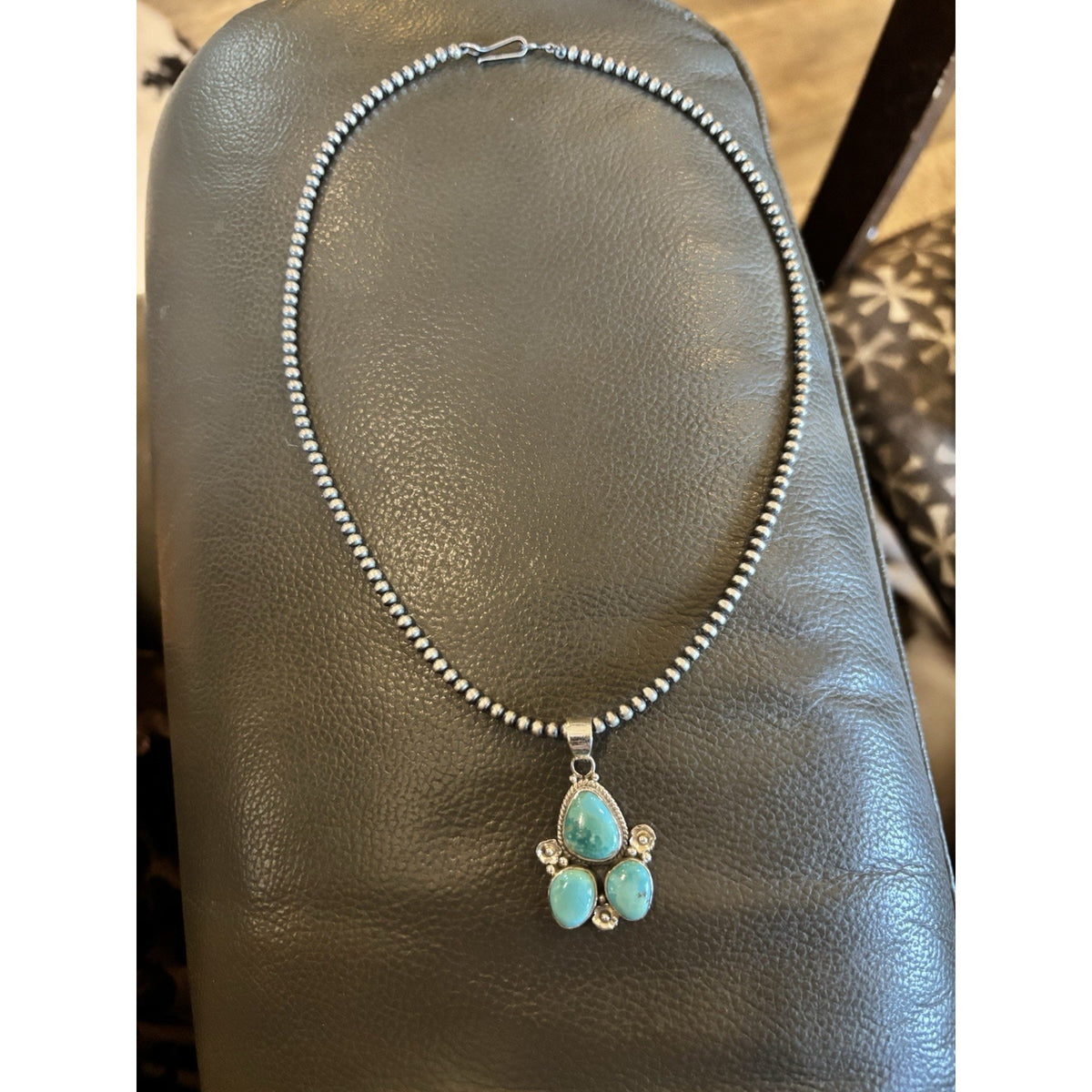 Kingman Turquoise Sterling Silver Pendant with 3mm Desert Pearl Chain Necklace