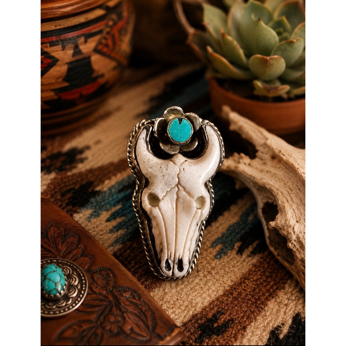 Large Steer Head Statement Ring. White stone with Turquoise Accent